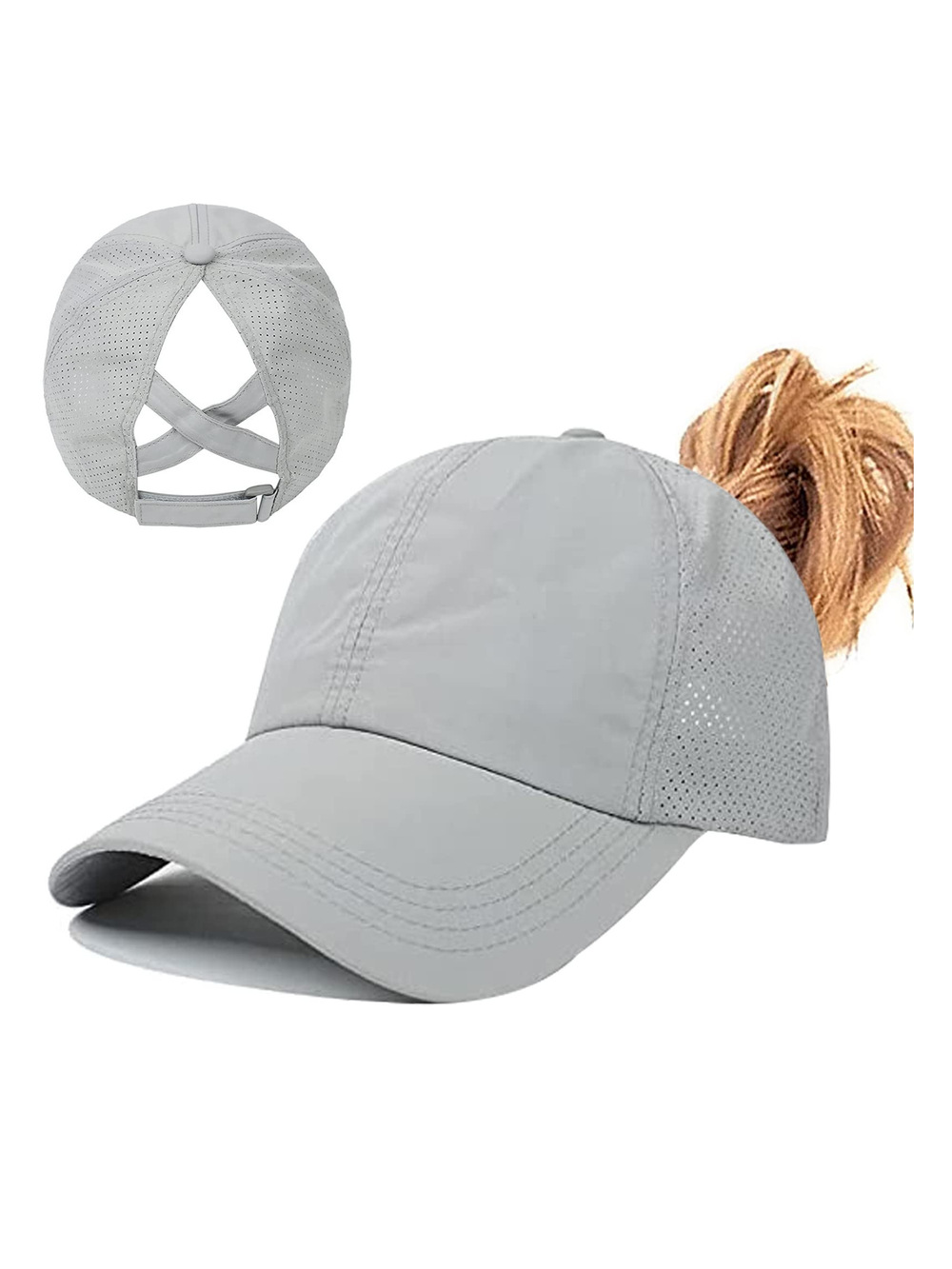 Womens Ponytail Hat Baseball Cap, Adjustable Criss Cross | Zlight Gray | Size OS